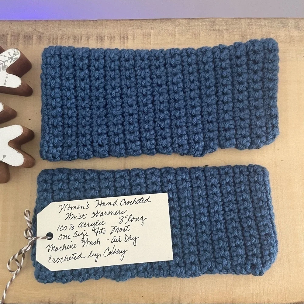 Handmade Denim Blue Tech Fingerless Gloves Crochet Knit Indoor Outdoor